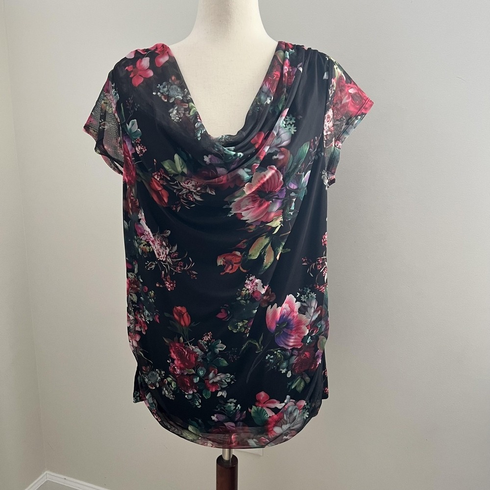 Womens‎ Top 14/16W Black Floral Mesh Cowl Neck Whimsigoth Dark Fairy Romantic